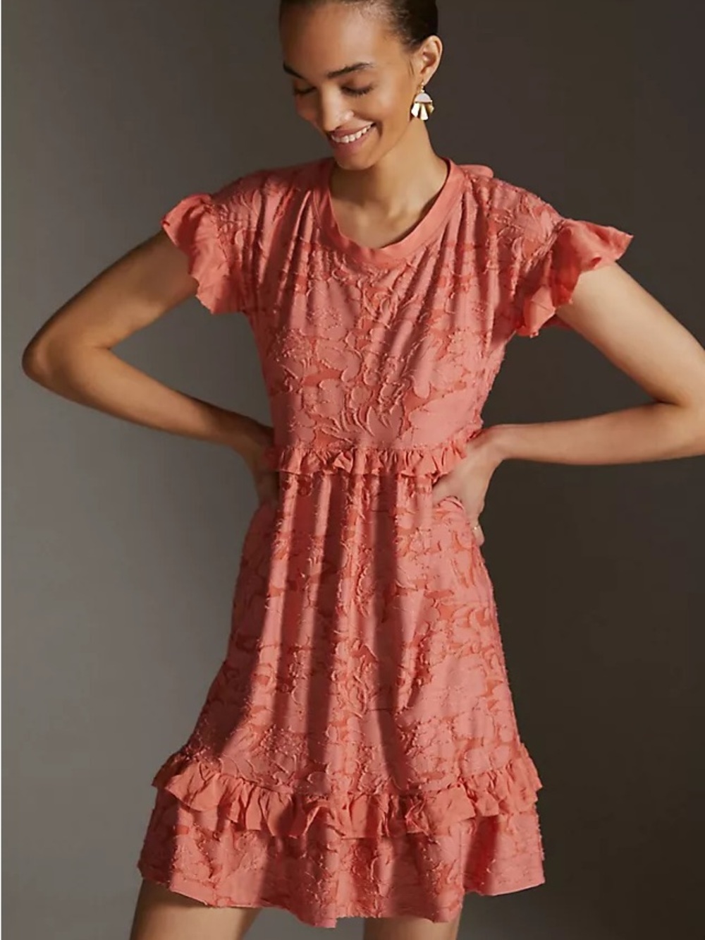 Anthropologie Coral Textured Ruffle Dress